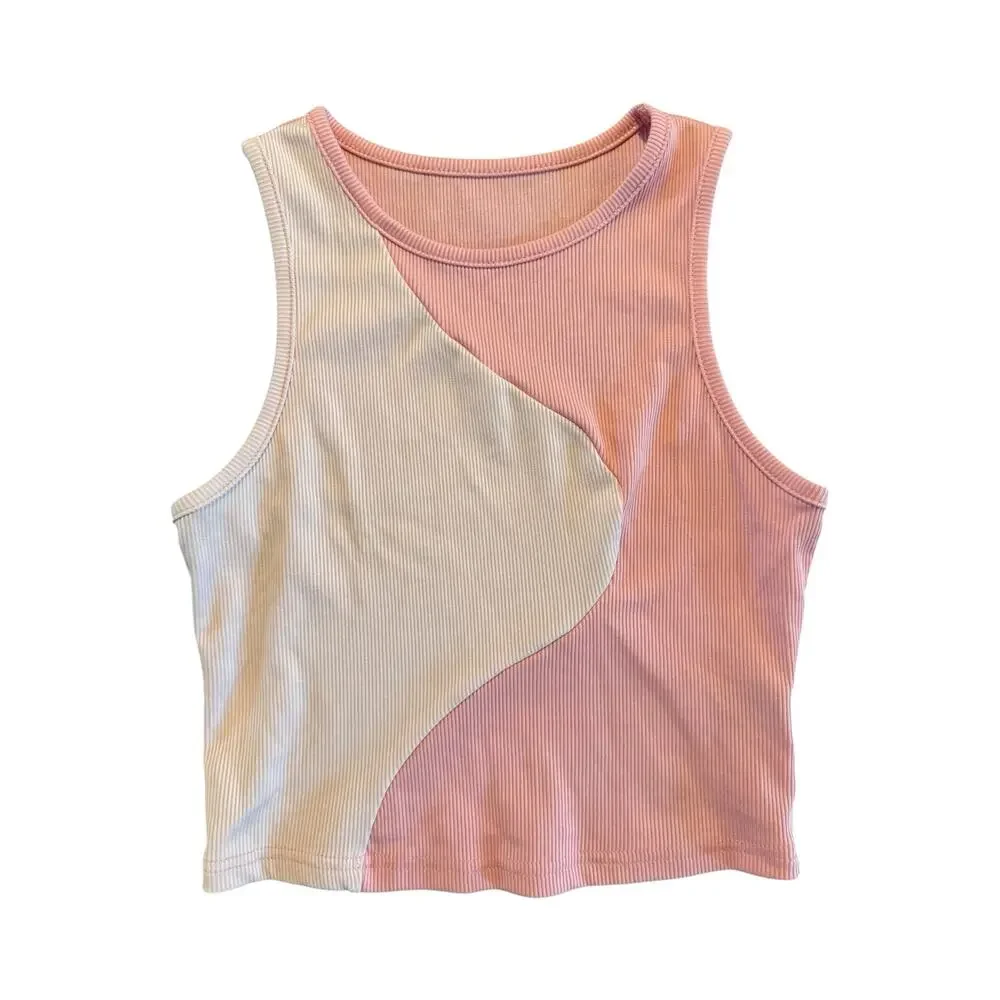 SHEIN Colorblock Ribbed Tank Top Size S Pink Cream Sleeveless Cropped Shirt - Picture 2 of 6
